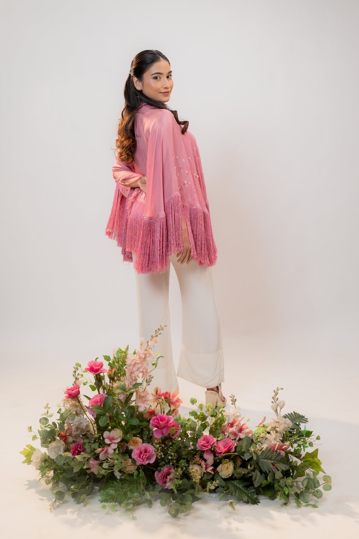 HALO — Fringe Cape in Rose Pink