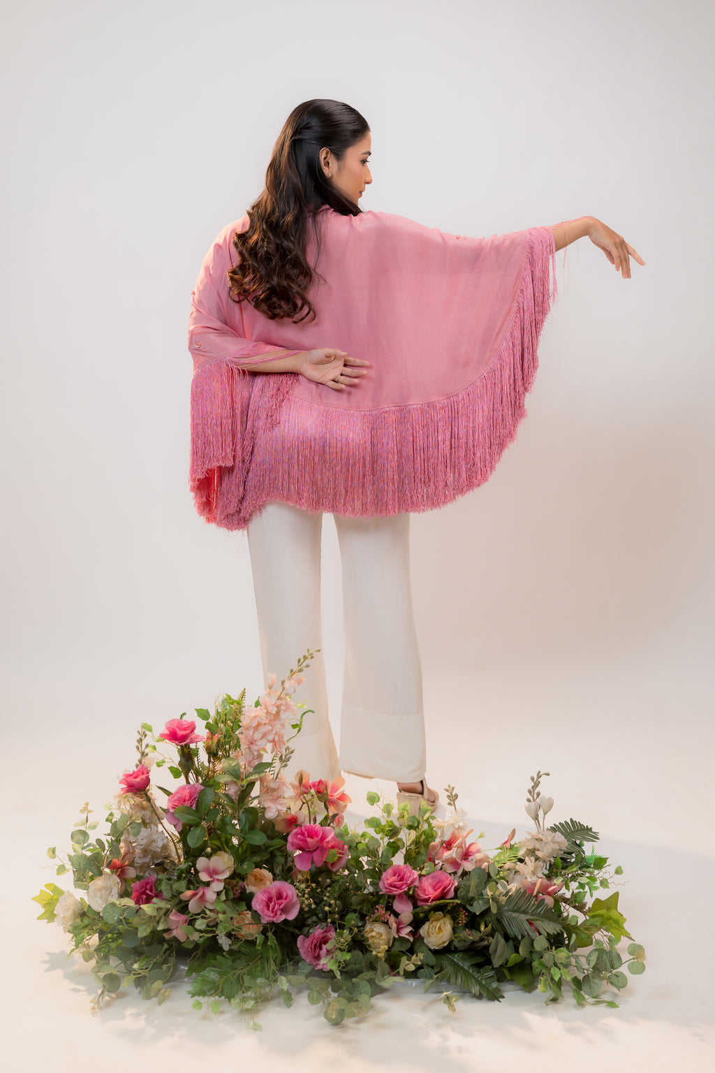 HALO — Fringe Cape in Rose Pink