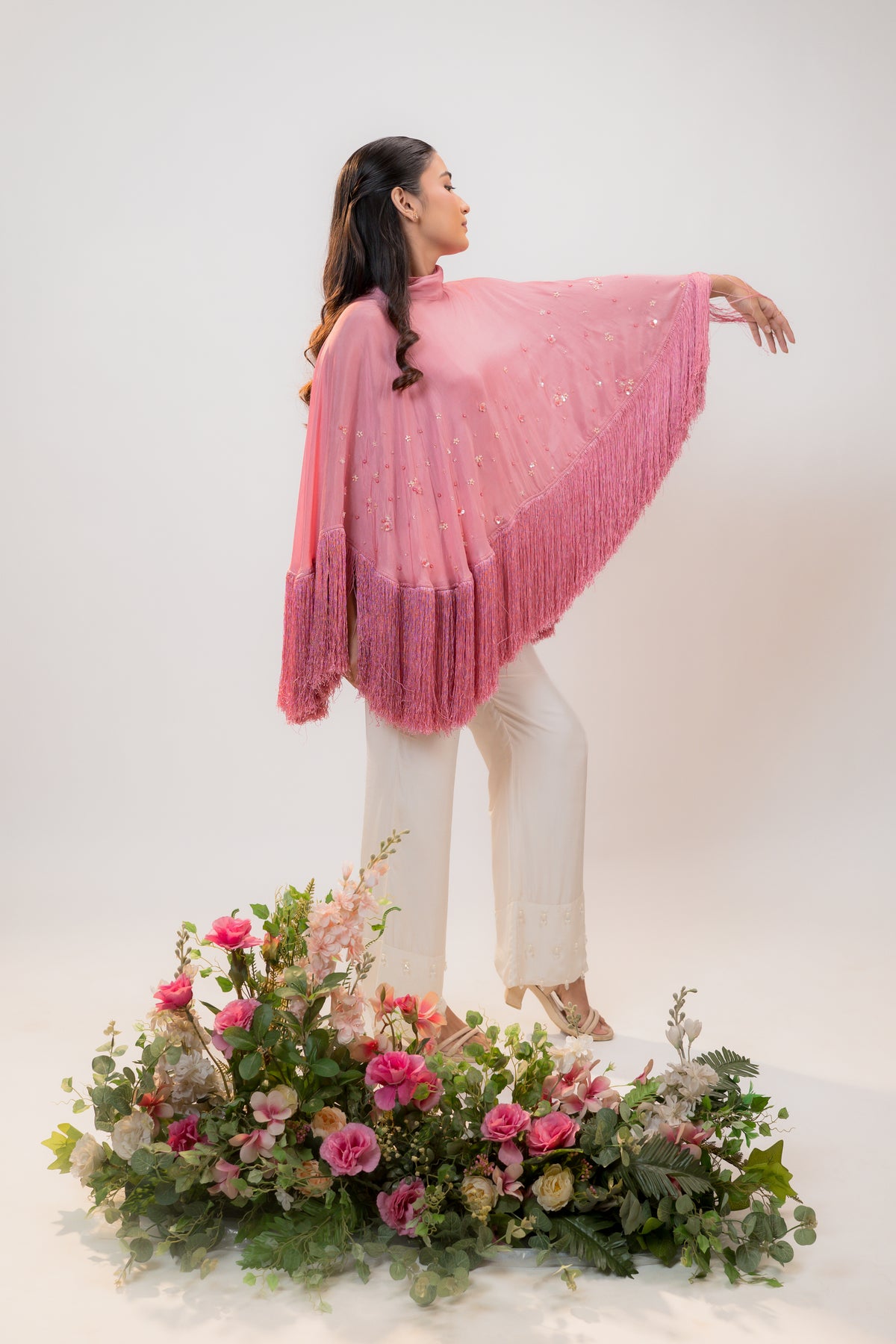 HALO — Fringe Cape in Rose Pink