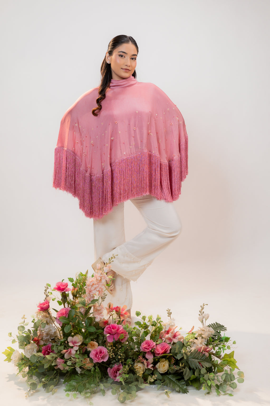 HALO — Fringe Cape in Rose Pink