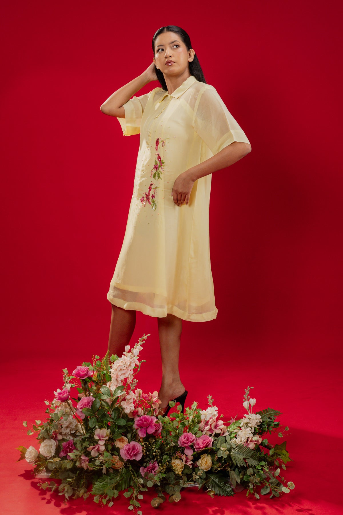 LUMI — Midi Collar Dress in Light Lemon Yellow