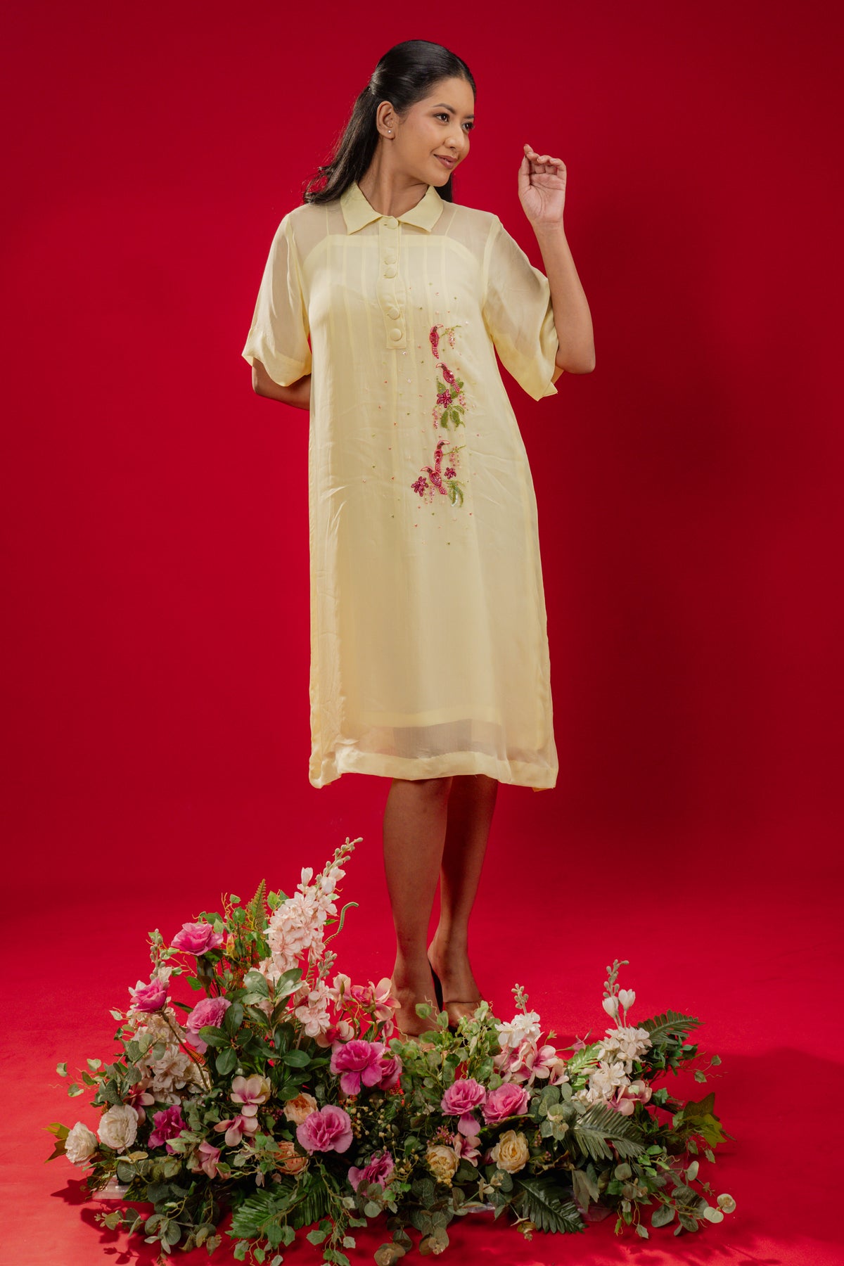 LUMI — Midi Collar Dress in Light Lemon Yellow