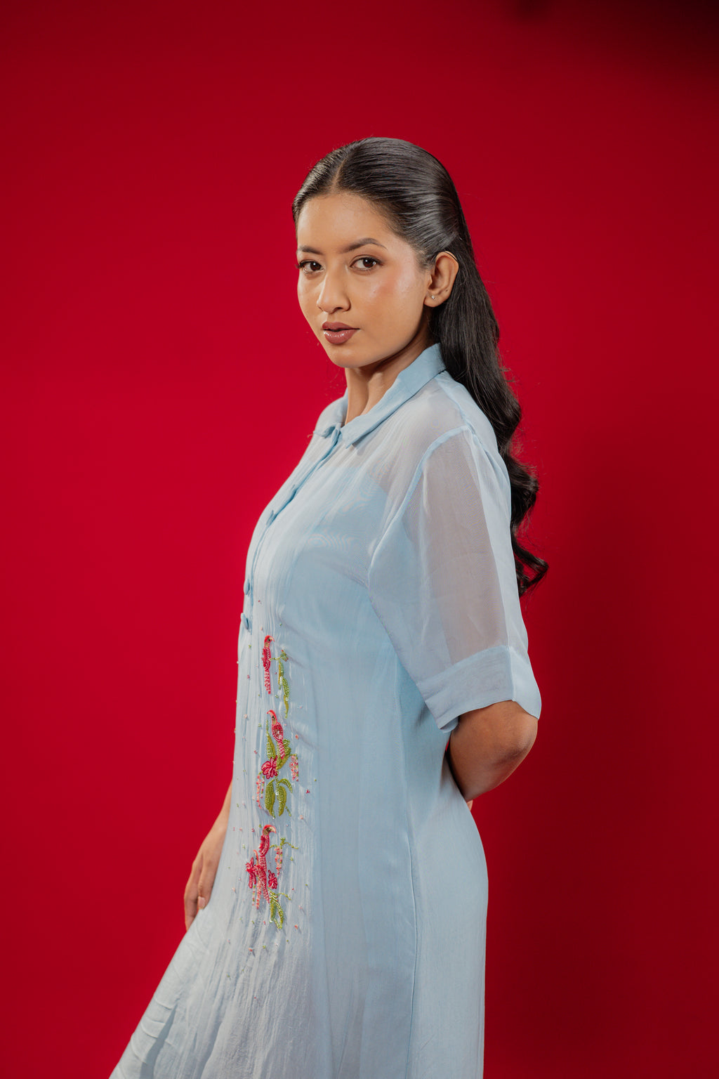 LUMI — Midi Collar Dress in Blue Frost