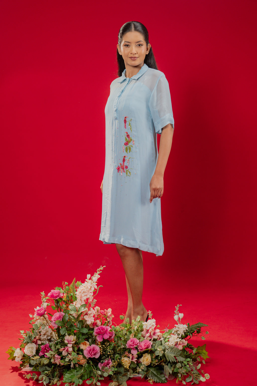 LUMI — Midi Collar Dress in Blue Frost
